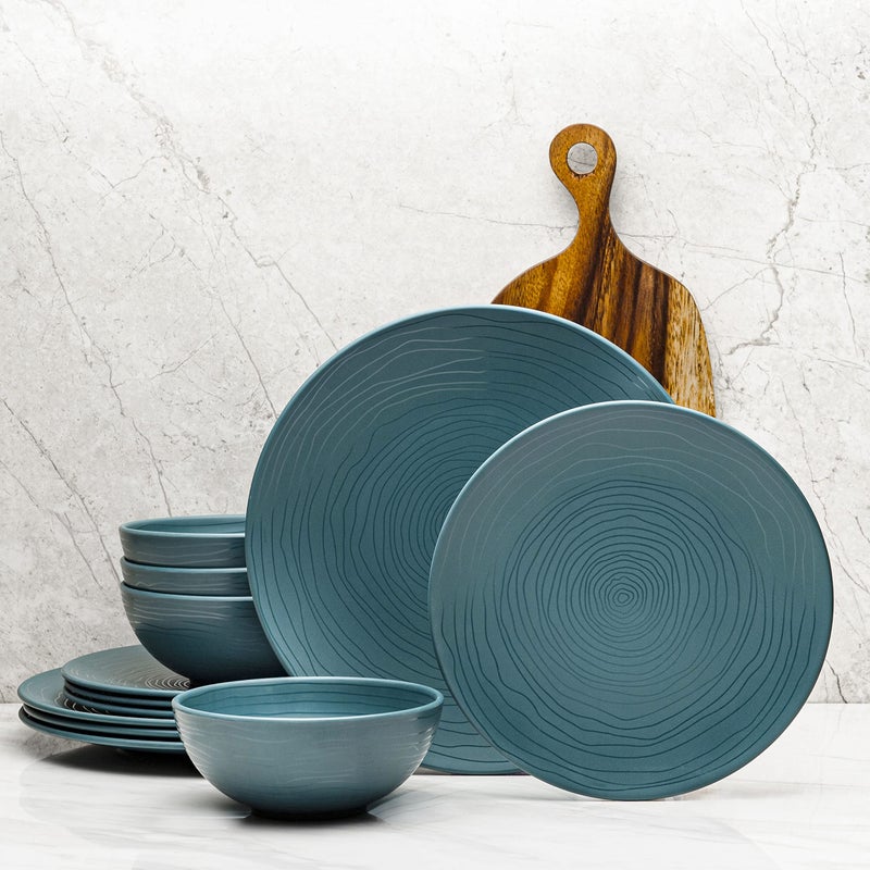 Bzyoo 12 Piece Melamine Dinnerware Set - Durable, Dishwasher Safe Plates and Bowls - Casual Dining, Parties, Blue Dish Set Organica Blue Collection - Image 1